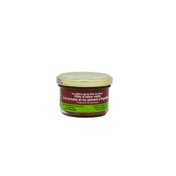 Pâte d’olive verte tomate-piment d’Espelette <h5> Pot verre 90g</h5>